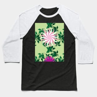 White and Pink, Cerise and Purple Flowers on a Vine Leaves and Peppermint Green background Baseball T-Shirt